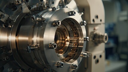 Fototapeta premium Close up of complex industrial machinery with shiny metal parts and precise mechanisms, operating in a modern manufacturing facility, highlighting precision engineering and technological production