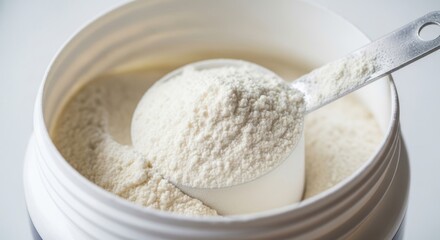 Fototapeta premium Scoop of white protein powder inside a plastic jar container. Sports nutrition supplement for muscle building and fitness. Powdered food ingredient for workout recovery and energy.
