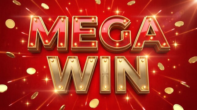 Mega win 3d text with golden coins and glowing lights on a red background
