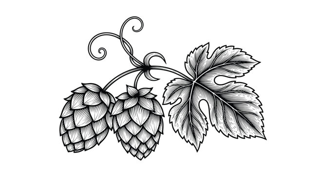 Detailed hand drawn sketch of aromatic hop cones and green leaves used in brewing beer shown in classical engraving style.