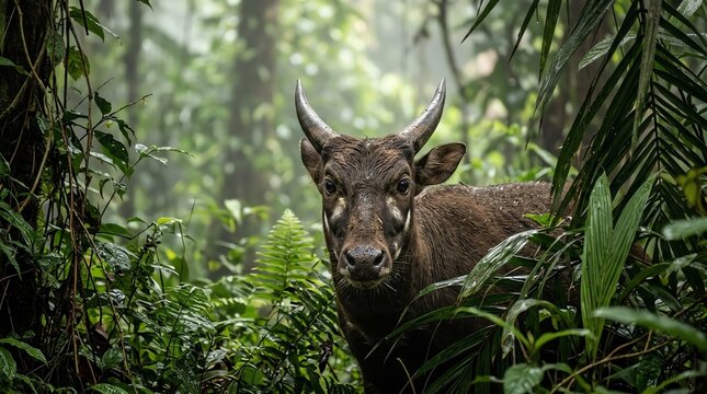 Wild Gaur Gazing Amidst Verdant Foliage A Majestic Bovine Portrait in the Lush Forest Showcasing Nature s Beauty Serene Wilderness Scene Striking Animal in its Habitat Asian Wildlife anoa