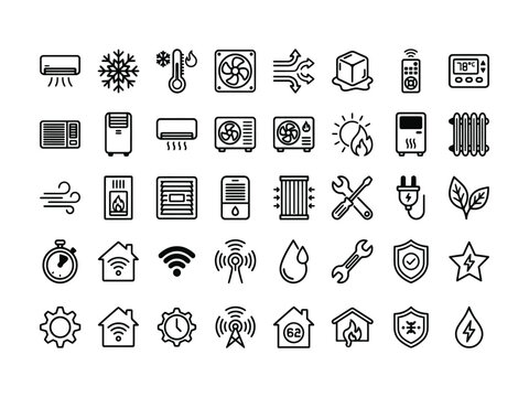 Collection of line icons related to heating ventilation air conditioning and temperature control systems