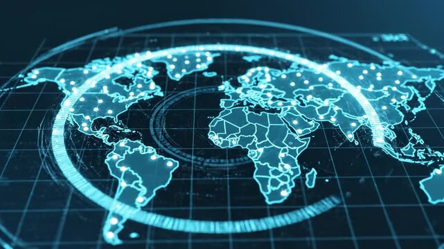 Digital world map animation displaying geographic regions with glowing outlines and circular indicators, showcasing data visualization technology in a dark environment
