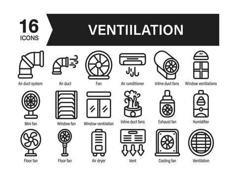 Set of ventilation icons including fans ducts and air conditioning systems for design  various types of ventilation equipment