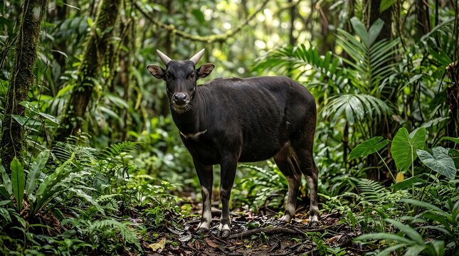 A Male Lowland Anoa Stands Majestically Amidst Dense Jungle Foliage With Vibrant Greenery and Lush Tropical Plant Life In Its Natural Habitat anoa