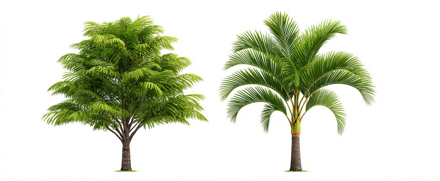 Vibrant Areca catechu and elegant Livistona chinensis palms isolated on a pristine white background