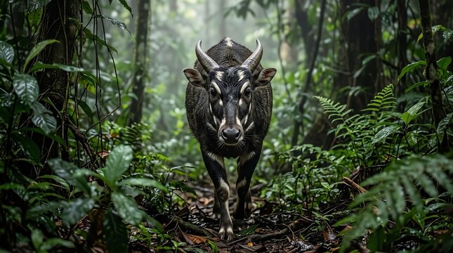 Majestic Anoa Emerging From Lush Jungle Foliage Displaying Unique Horns and Striking Markings in its Natural Habitat Setting anoa indonesian animal