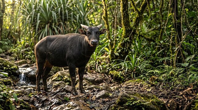 Anoa Standing Alert Near Creek in Tropical Rainforest Scenery Lush Greenery Nature Photography Wildlife Conservation Protected Species anoa