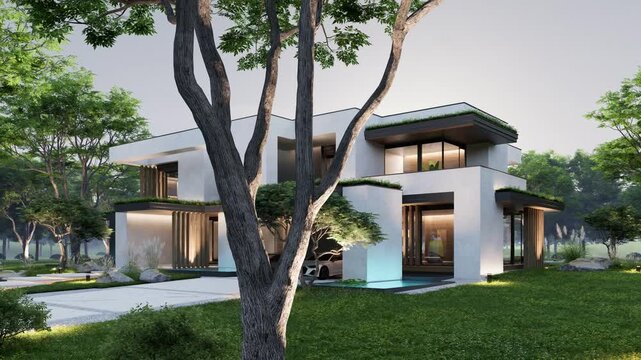 4K video rendering of two-story house with parking and pool for sale or rent with concrete facade and beautiful landscaping Clear summer evening with cozy light from window