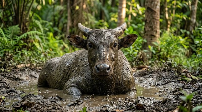 Anoa Wallowing in Mud Pool within Dense Tropical Jungle Trees and Foliage Habitat Ecosystem for Natural Wildlife Conservation anoa