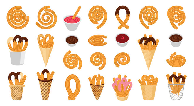 Appetizing variety of traditional spanish churros served in different ways with chocolate and berry dipping sauces.