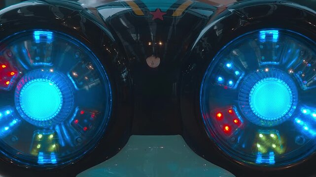 LEDs flash to the beat of the music on a powerful boombox. Closeup