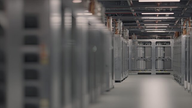 Long corridor view of a modern data center, rows of server racks storing computing equipment, highlighting themes of technology, networking, and digital infrastructure