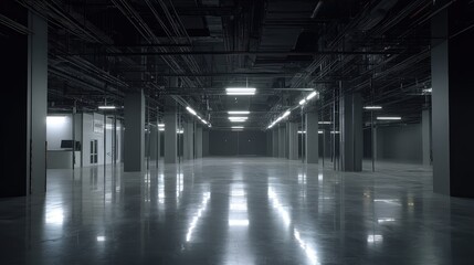 Fototapeta premium Vast empty industrial warehouse interior featuring a polished concrete floor reflecting bright overhead lights, creating a spacious environment for business or storage