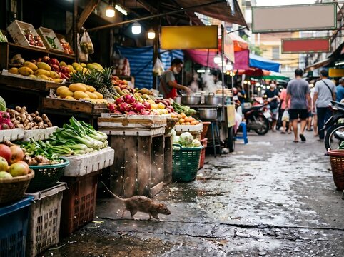 A busy street market in Southeast Asia with various fruit and vegetable stalls, people walking, and a rat scurrying across the wet ground.