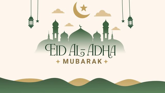 Eid Al Adha Mubarak Animation Islamic Greeting Background with Mosque and Lanterns