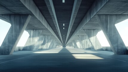 Fototapeta premium Modern concrete brutalist architecture forming an empty tunnel or underpass with strong geometry, casting light and shadow patterns across the road surface