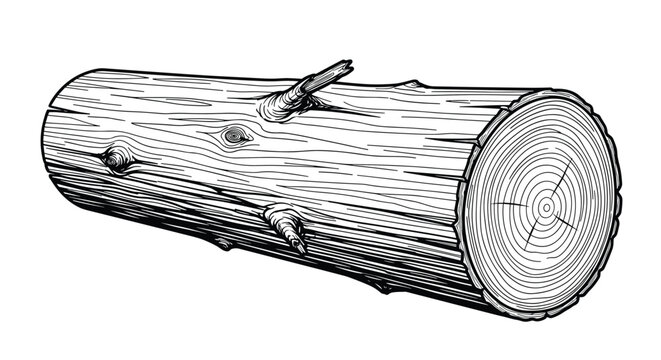 Detailed black and white sketch of a fallen tree log with visible wood grain and cut rings on a clean white background.