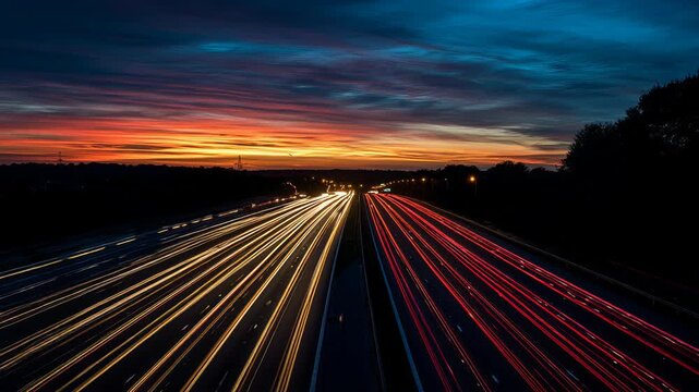 Night traffic on highway in busy American city, cars in motion at sunset, red yellow and blue sky, urban downtown view, website header background
