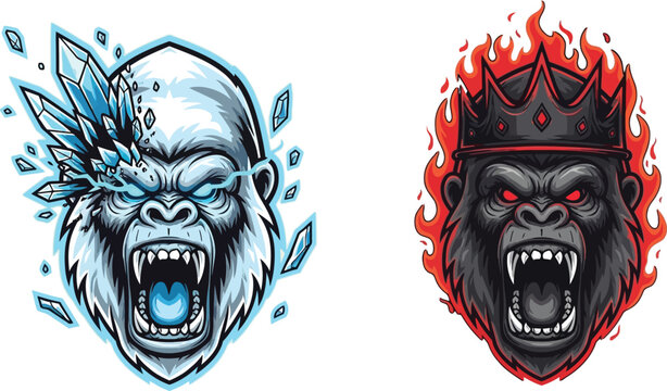 Furious ice gorilla head with glowing blue eyes and sharp ice shards exploding from its face, depicting a powerful and aggressive frozen beast.