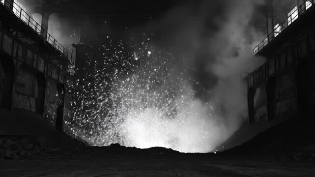 Industrial scene showing a fiery explosion of molten metal, with sparks flying in a dark factory environment.