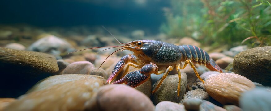 The crayfish slowly crawling over smooth underwater rocks in a clear freshwater stream