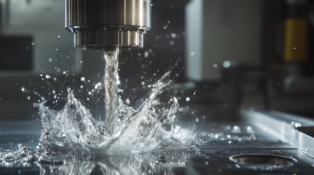 Cnc drilling machine performing a metalworking process, using high pressure coolant fluid to lubricate, cool, and clean components, creating a dynamic splash on the surface