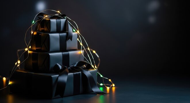 Glowing holiday string lights drape over elegant black gift boxes with satin ribbons against a dark background creating a moody festive mood, strings, festive, background