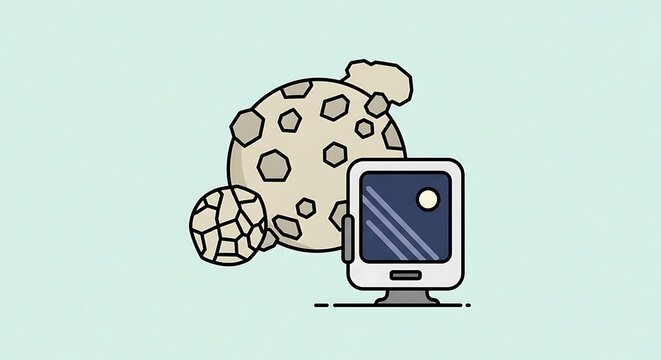 Cookie being eaten by a computer with a cartoonish graphic design on the screen display