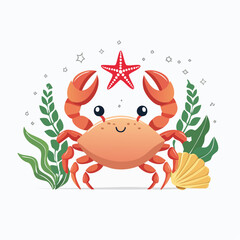 Fototapeta premium Cute Cartoon Crab with Starfish and Seashell