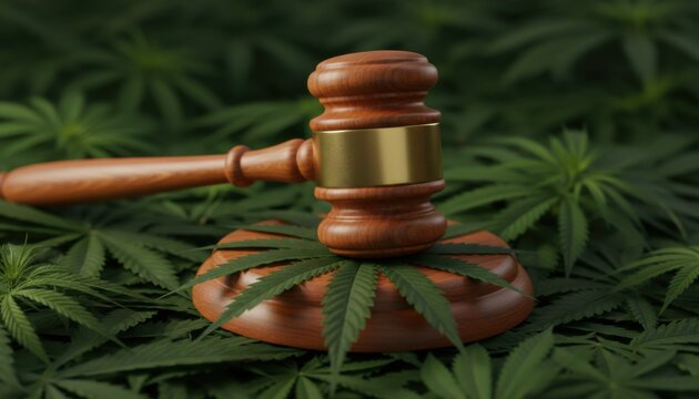 Classic wooden gavel and block placed on top of cannabis leaves signifying legal regulations and drug policy