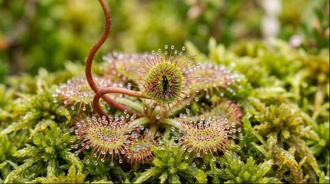 Round leaved sundew capturing insect on sphagnum moss in bog