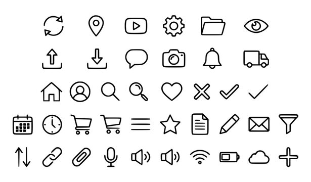 Black and white UI outline icon set vector with app interface symbols isolated on white background