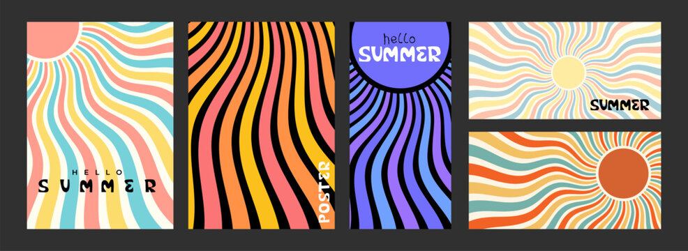 Set of retro summer posters with colorful wavy lines and sun shapes in a groovy 70s style for seasonal vacation party flyers and vibrant social media graphic design templates