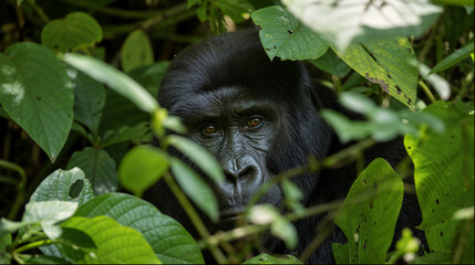 Mountain gorilla peering through tropical leaves in dense jungle © Fotkrat