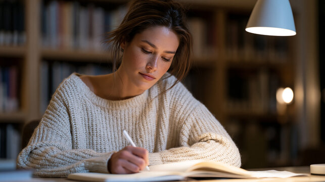 Pharmacology graduate student carefully documents double-blind placebo trial results in research notebook under focused desk lamp, university medical library shelves behind her, scientific rigor and
