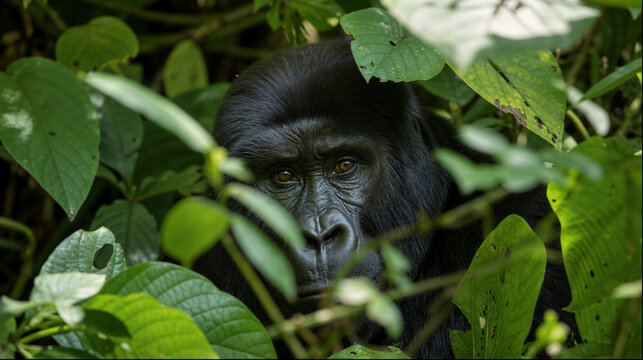 Mountain gorilla peering through tropical leaves in dense jungle