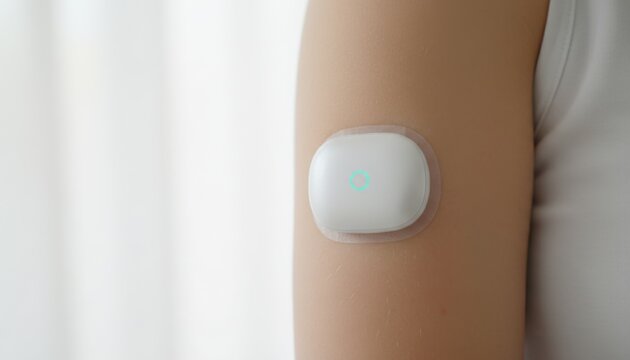 White wearable health sensor patch attached to upper arm with glowing indicator in clean minimal medical setting