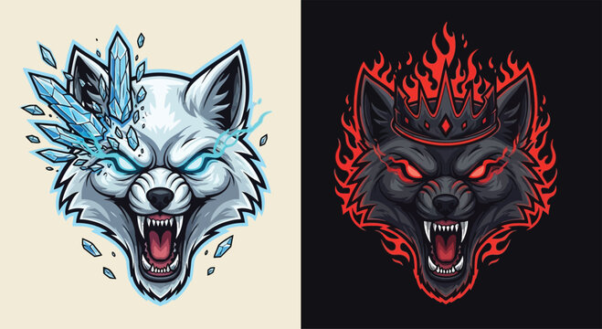 Two contrasting wolf head illustrations, one with ice crystals and blue glow, the other with red flames and a fiery aura.