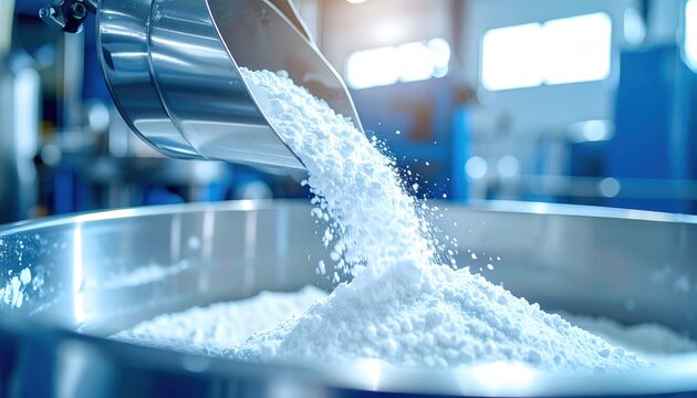 White powder pours from metal chute into large industrial container inside bright blue factory production setting