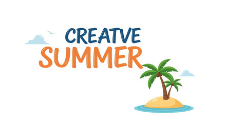 Obraz premium A cartoon island with palm trees and creative summer text.