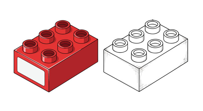 Red building block toy and its outline drawing for creative construction and educational play