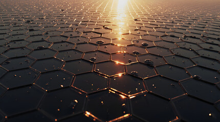 Fototapeta premium Close-up of black solar panel reflecting sunset