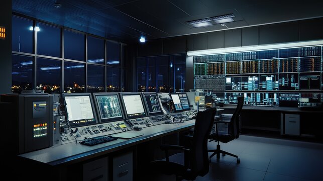 Command center station displaying critical information on multiple screens, managing global operations with advanced data analytics and real time monitoring technology overlooking a city at night