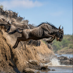 Fototapeta premium Wildebeest leaping from cliff into river during great migration