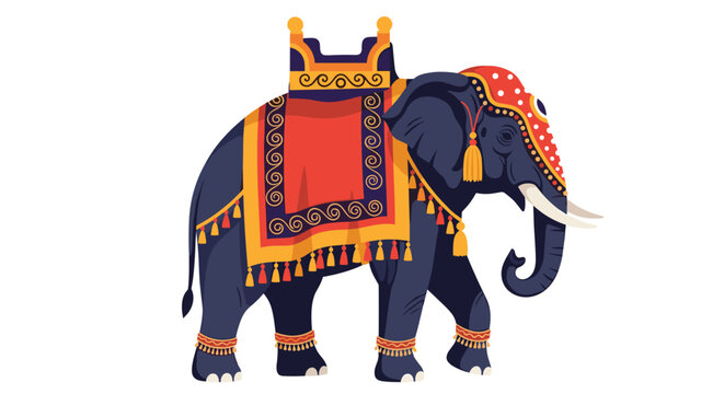 Elaborately decorated Indian elephant wearing a festive saddle cloth and headpiece with tassels for a traditional parade.