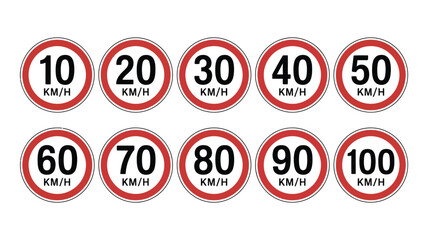 Speed limit road sign icon set featuring maximum speed regulations from 10 km/h to 100 km/h for traffic control design. © ARIF AHMED 04