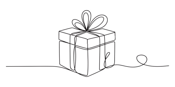 Continuous one line gift design box vector illustration art drawing ribbon. Gift box birthday icon isolated abstract present valentine paper delivery concept doodle wedding open love fashion happy