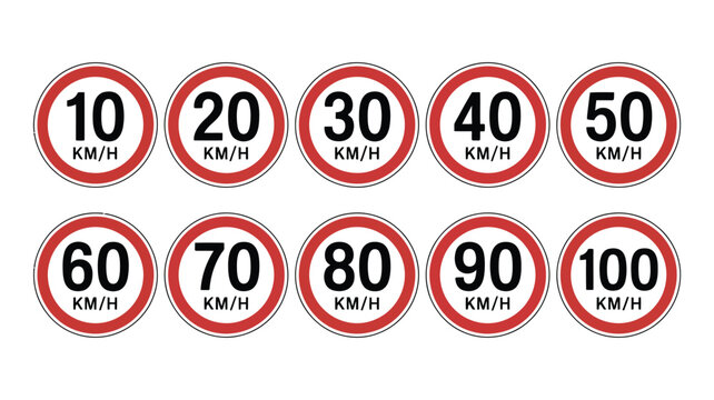Speed limit road sign icon set featuring maximum speed regulations from 10 km/h to 100 km/h for traffic control design.