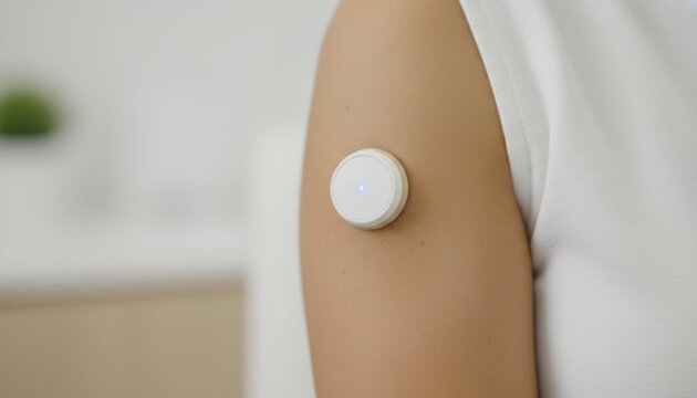 Continuous glucose monitor sensor attached to arm of patient showcasing modern medical technology for diabetes health management